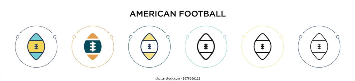 American football icon in filled, thin line, outline and stroke style. Vector illustration of two colored and black american football vector icons designs can be used for mobile, ui, web