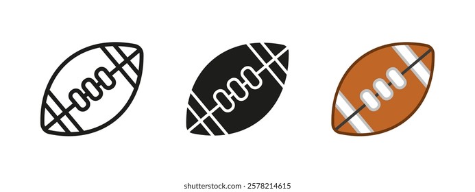 American football icon. Rugby ball vector illustration. Oval leather ball symbol. Sport game sign. Competition and activity equipment sign. Brown american football ball pictogram isolated concept.