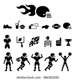 American football icon set. Black and white vector illustration.