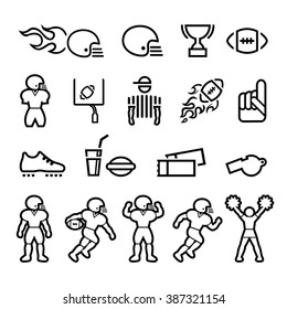 American football icon set. Black and white, line vector illustration.
