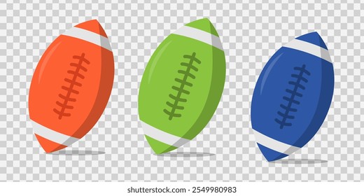 American football icon set. Rugby ball icons in colored. Rugby ball Simple orange green and blue flat design on transparent background.