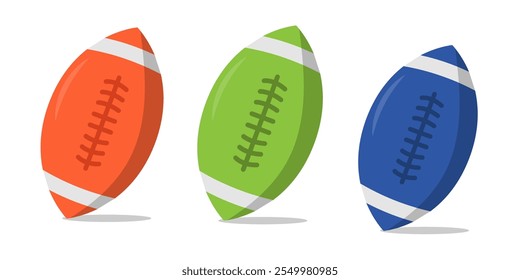 American football icon set. Rugby ball icons in colored. Rugby ball Simple orange green and blue flat design on transparent background.