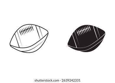  American football icon set. Rugby ball icons. American football ball vector stock illustration. Simple black and white flat design. Skewed balls.