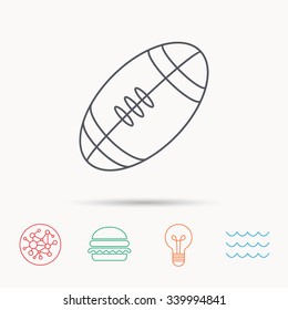 American football icon. Sport ball sign. Team game symbol. Global connect network, ocean wave and burger icons. Lightbulb lamp symbol.