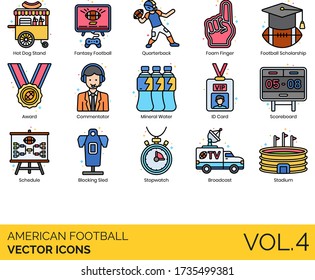 American football icons including hot dog stand, fantasy, quarterback, foam finger, scholarship, award, commentator, mineral water, ID card, scoreboard, schedule, blocking sled, stopwatch, stadium.