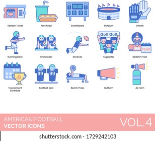 American Football Icons Including Season Ticket, Fast Food, Scoreboard, Stadium, Gloves, Running Back, Linebacker, Receiver, Supporter, Red Shirt Year, Tournament Schedule, Sled, Bench Press, Bullhorn.