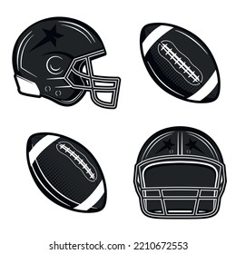 American football icons isolated on white background. American football ball and helmet icons. Vintage design elements for logo, badges, banners, labels. Vector illustration