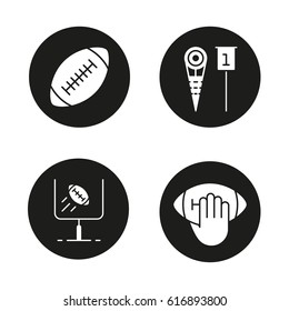 American football icons set. Hand holding rugby ball, goal sign, sideline markers. Vector white silhouettes illustrations in black circles