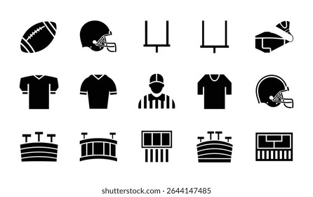 American Football Icons Set   Helmet  Ball Trophy Player Silhouette   Goalpost Graphics. vector
