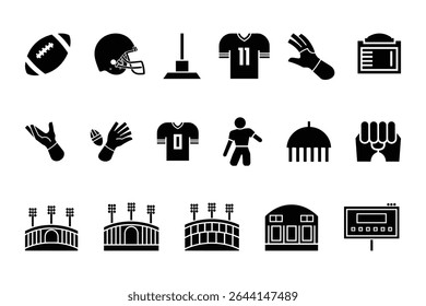 American Football Icons Set   Helmet  Ball Trophy Player Silhouette   Goalpost Graphics. vector
