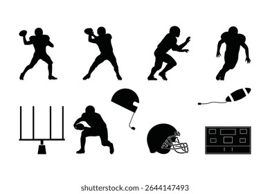 American Football Icons Set   Helmet  Ball Trophy Player Silhouette   Goalpost Graphics. vector