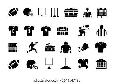 American Football Icons Set   Helmet  Ball Trophy Player Silhouette   Goalpost Graphics. vector