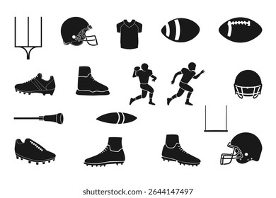 American Football Icons Set   Helmet  Ball Trophy Player Silhouette   Goalpost Graphics. vector