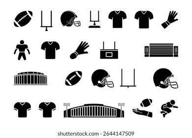 American Football Icons Set   Helmet  Ball Trophy Player Silhouette   Goalpost Graphics. vector