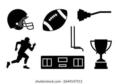American Football Icons Set   Helmet  Ball Trophy Player Silhouette   Goalpost Graphics. vector
