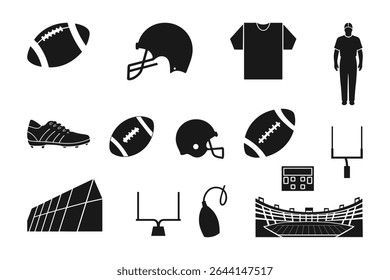 American Football Icons Set   Helmet  Ball Trophy Player Silhouette   Goalpost Graphics. vector