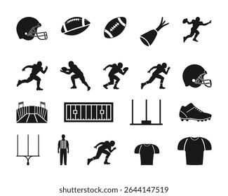 American Football Icons Set   Helmet  Ball Trophy Player Silhouette   Goalpost Graphics. vector