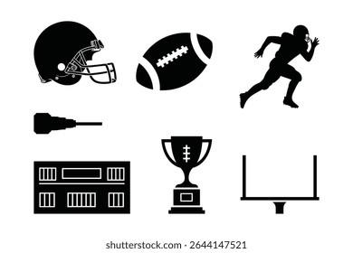 American Football Icons Set   Helmet  Ball Trophy Player Silhouette   Goalpost Graphics. vector