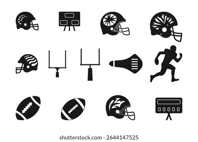 American Football Icons Set   Helmet  Ball Trophy Player Silhouette   Goalpost Graphics. vector