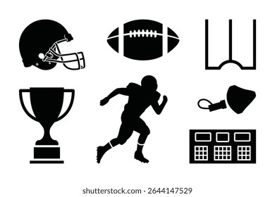 American Football Icons Set   Helmet  Ball Trophy Player Silhouette   Goalpost Graphics. vector