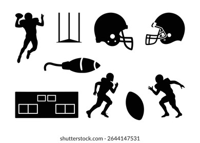 American Football Icons Set   Helmet  Ball Trophy Player Silhouette   Goalpost Graphics. vector
