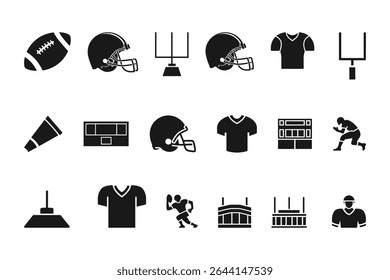 American Football Icons Set   Helmet  Ball Trophy Player Silhouette   Goalpost Graphics. vector