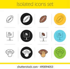 American football icons set. Linear, black and color styles. Hand holding rugby ball, goal sign. Isolated vector illustrations