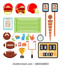 American Football Icons Set Vector. American Football Accessories. Helmet, Ball, Cup, Field. Isolated Flat Cartoon Illustration
