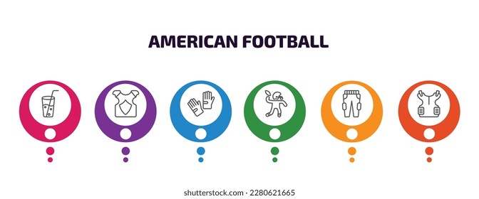 American Football Infografik Vorlage mit Symbolen und 6 Schritt oder Option. Amerikanische Fußballsymbole wie Soda-Glas mit Strohhalm, Rückschutz, Handschuh für Fußball, Fußballspieler, Übungshosen, gepolsterte