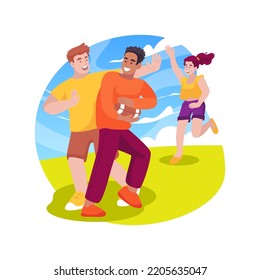 American football isolated cartoon vector illustration. Diverse group of people plays american football game, hold oval ball, community field, suburban houses on background vector cartoon.