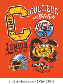 American football junior college league  vector artwork for children wear with applique patches grunge effect in separate layer