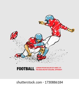 American Football Kicker Hits the Ball. Vector outline of Football player with scribble doodles style.