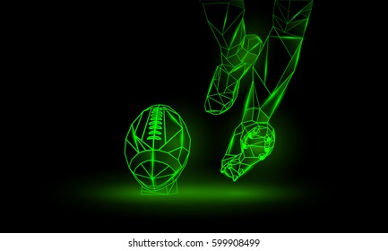 American Football Kickoff. Polygonal grüner neonaler Hintergrund. Beine und Fußball.