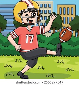 American Football Kid Player Colored Cartoon 