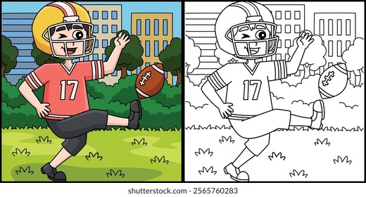 American Football Kid Player Coloring Illustration