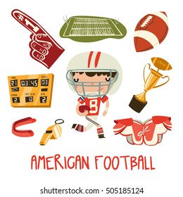 American Football Kid Set. Little Boy In American Football Equipment. Vector Set.