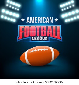 American Football League Konzept mit amerikanischem Ball, glänzender Text, Flutlicht auf blauem Hintergrund. 