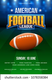 American Football League Poster, Banner Or Flyer Design, Football Ground As Background.