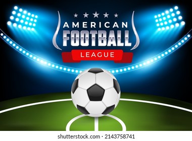 American football league stadium background. American Football field with bright stadium blue lights shining on it. Vector Illustration design. Rugby sport. World football Championship League Design.