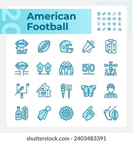 American football light blue icons. Sport equipment. Team game. Game day. Football match symbols. RGB color. Website icons set. Simple design element. Contour drawing. Line illustration