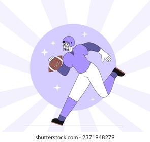 American football line concept. Man in sport clothes with ball. Active lifestyle and team sport. Competition and tournament. Young guy plays in rugby. Linear flat vector illustration