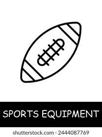 American football line icon. Sports equipment, hockey stick, basketball, tennis racket, volleyball, boxing gloves, barbell, dumbbells, jump rope, skis. Vector line icon for business and advertising