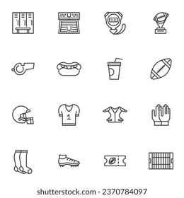 American football line icons set, outline vector symbol collection, linear style pictogram pack. Signs, logo illustration. Set includes icons as football field, helmet, boots, game ticket, uniform