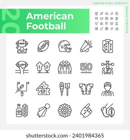 American football linear icons set. Sport equipment. Team game. Game day. Football match symbols. Customizable thin line symbols. Isolated vector outline illustrations. Editable stroke