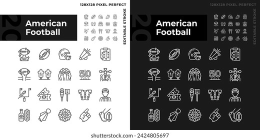 American football linear icons set for dark, light mode. Sport equipment. Team game. Game day. Football match symbols. Thin line symbols for night, day theme. Isolated illustrations. Editable stroke