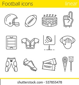 American football linear icons set  Helmet  shoulder pad  ball  shorts  Hand holding ball  goal sign foam finger  game tickets  arena  Thin line contour symbols  Isolated vector illustrations