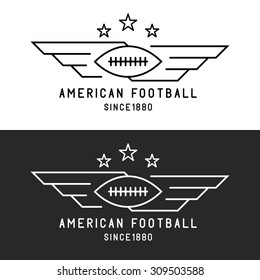 American football logo, ball flying with wings, rugby sport badge, thin black and white line monogram apparel print emblem