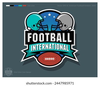 American Football logo. Football emblem. Ball and helmets in the circle with ribbon and stars. Identity and app icon.