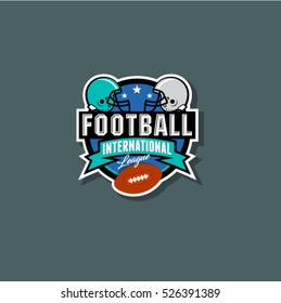 American Football Logo. American Football Emblem. Helmet And Ball In The Circle With Ribbon And Stars.