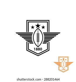 American football logo or rugby ball with wings and three star, t-shirt print sport emblem.